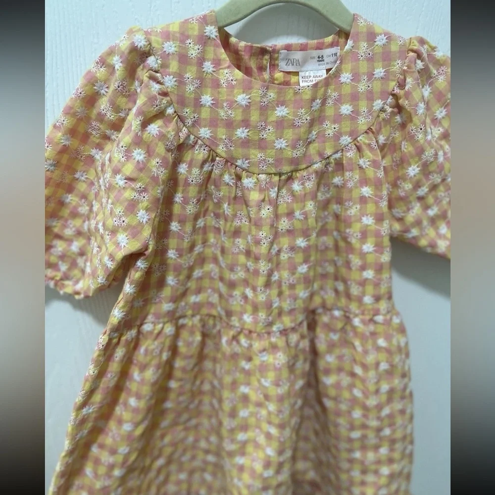 Zara Dress Girls Size 4-5yrs Yellow Pink Gingham Floral Embroidery Easter Spring
